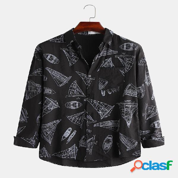 Homens Sail Print Collar Impresso Easy-Wrinkle Lapel Camisa