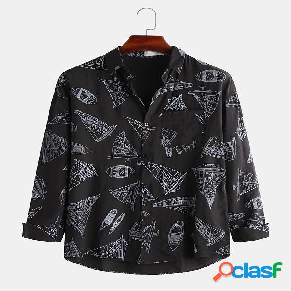 Homens Sail Print Collar Impresso Easy-Wrinkle Lapel Camisa