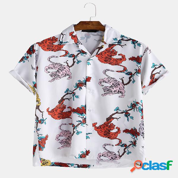 Homens Selva Estilo Tiger Padrão Manga Curta Camisa