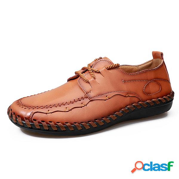 Homens Soft Cow Leather Hand Stitching Lace Up Casual Shoes