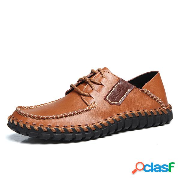 Homens Soft Hand Stitching Cow Leather Lace Up Casual Shoes