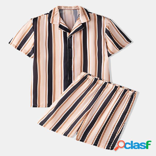 Homens Stripe Print Pijamas Set Faux Silk Sleepwear Home