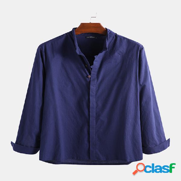 Homens algodão linho cor pura étnica casual gola camisa