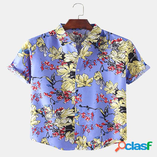 Homens estilo chinês floral impresso lazer férias lapela