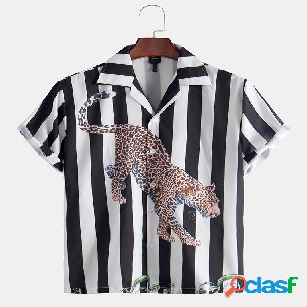 Homens estilo selva listras leopardo manga curta Camisa