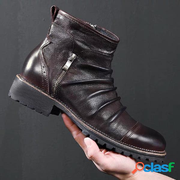 Homens retro cor couro antiderrapante zíper lateral botas