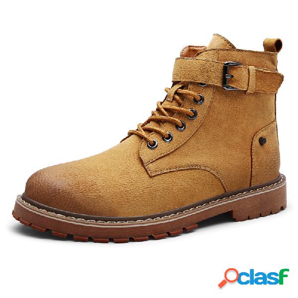 Homens retro couro fivela de metal antiderrapante botas