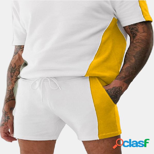 Homens soltos pijamas com capuz conjunto fino patchwork