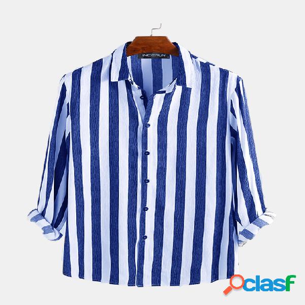 Homens tarja vertical manga comprida Realxed Camisa