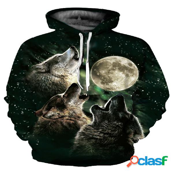 Hoodies da luva longa do lobo da cópia 3D para mulheres