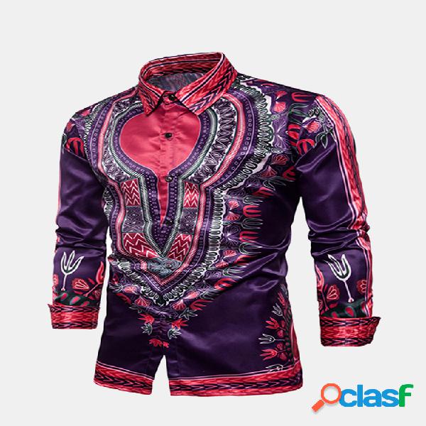 Impressão étnica de estilo Turn Down Collar Fit Business