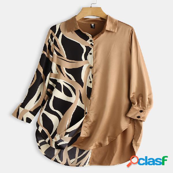 Imprimir Patchwork manga comprida lapela Casual Camisa para