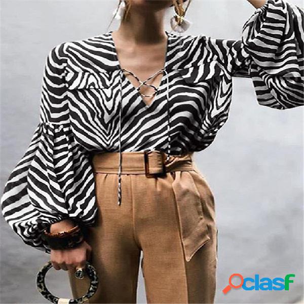 Imprimir Zebra Padrão Blusa de manga comprida com decote em