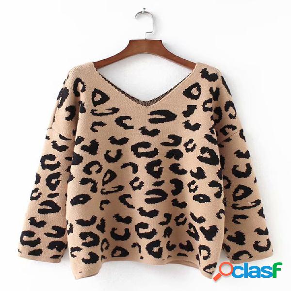 Imprimir leopardo decote em v manga longa camisola