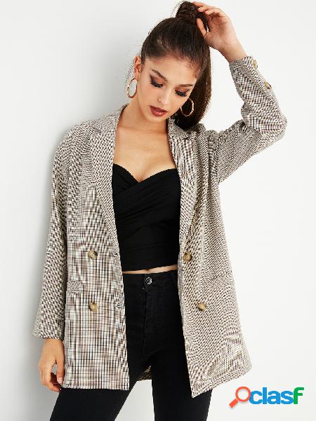 Khaki Grid Notch Collar Long Sleeves Blazer