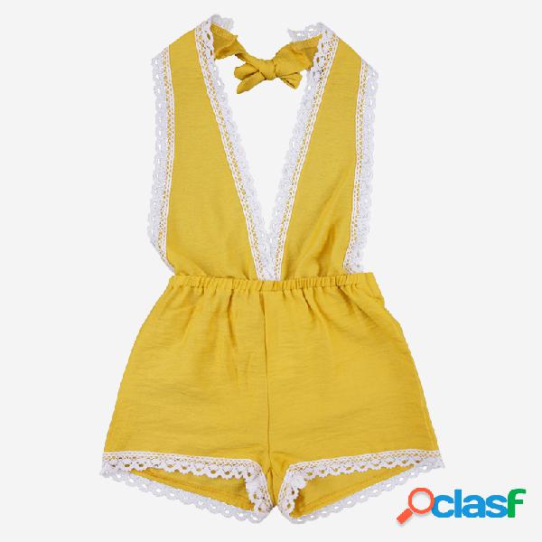 Laço da menina emendado Lace-up Bowknot Macacão Casual