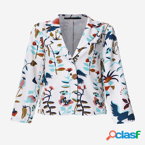 Lapela Floral Imprimir manga comprida Vintage Jacket Para