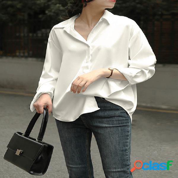 Lapela cor sólida Plus tamanho casual Camisa para mulheres