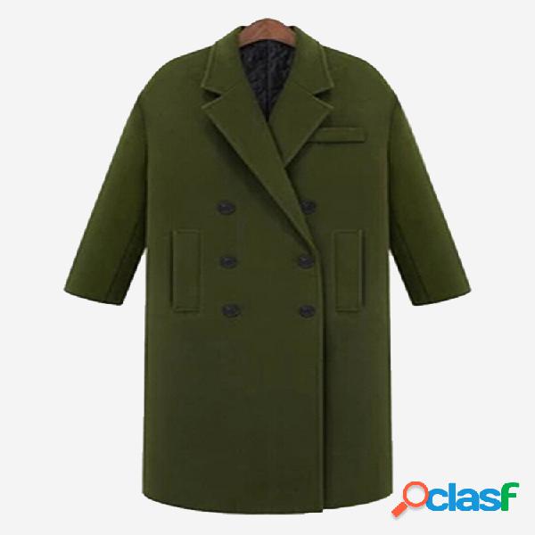 Lapela cor sólida manga comprida botão bolso reto casaco