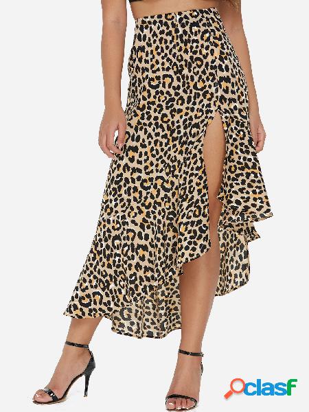 Leopard Pattern Slit Design Ruffle Hem Skirt