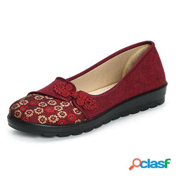 Loafer Plano Retro Suave Floral Nó Chinês