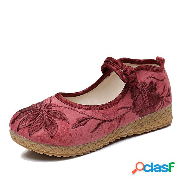 Loafers Bordados florais com nó chinês sapatos planos para
