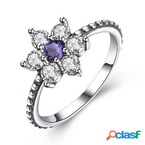 Luxo 925 anéis de prata esterlina Flower Zirconia Anel de