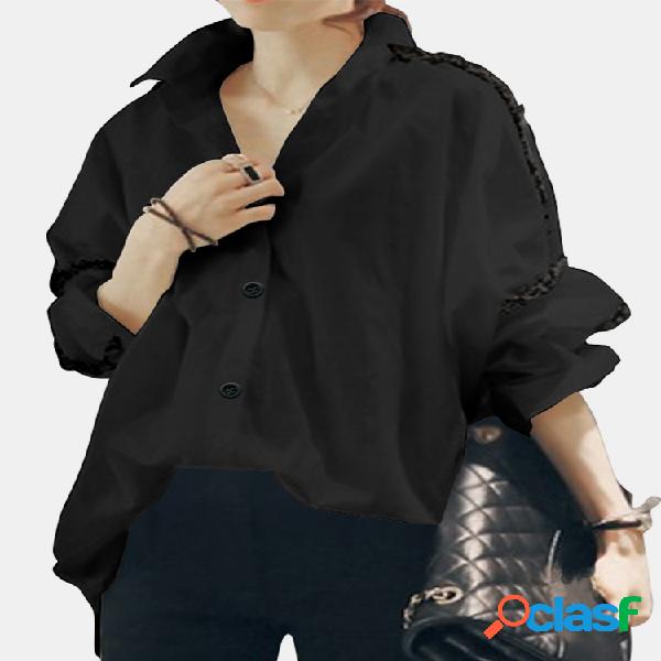 Manga comprida Camisa Turn Down Collar Patchwork Blusa solta