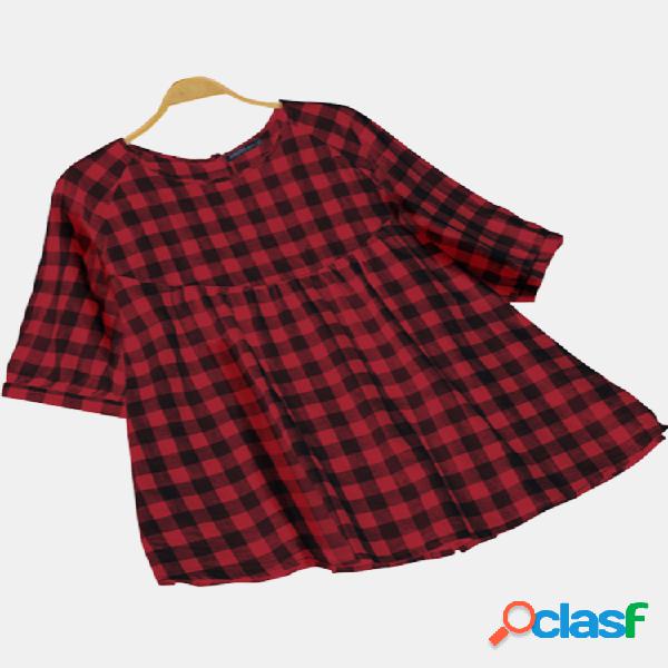 Manga curta com estampa xadrez Plus Tamanho Camiseta