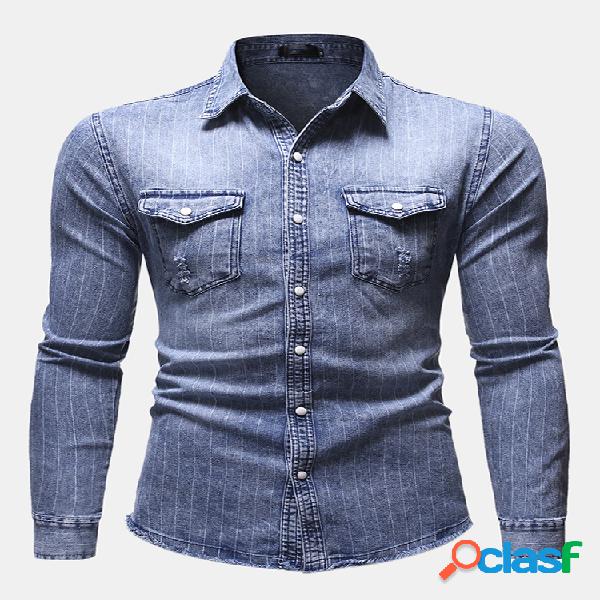 Men Business Casual Denim Single Breasted listrado manga