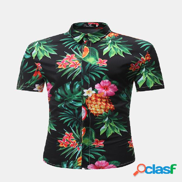 Men Casual Black Ethnic Fruit Printing Slim Fit Camisas de