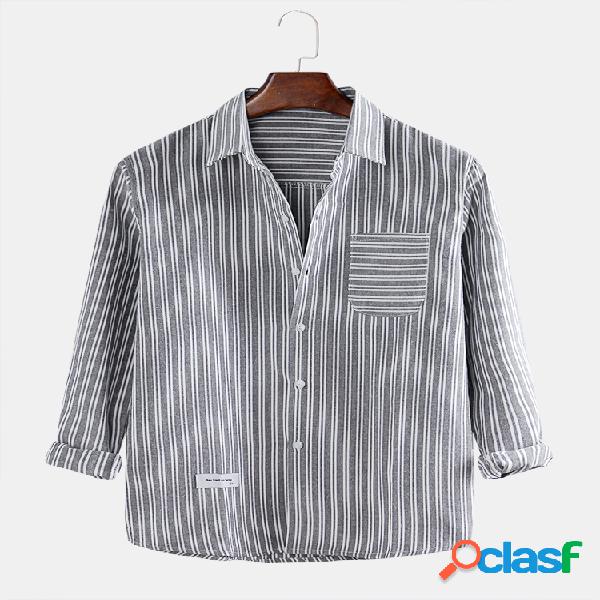 Men Casual Cosy Patch Pocket Button Front Striped Print