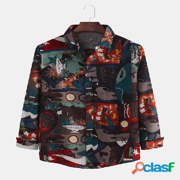 Men Cotton Linen Funny Ethnic Floral Printed Slim Camisa