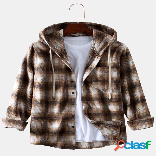 Men Cotton Linen Plaid Printing Tamanho grande com capuz