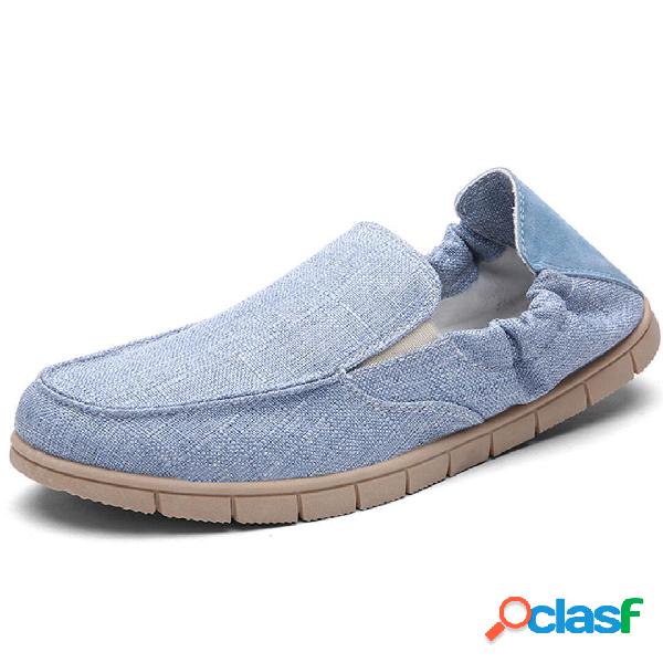 Men Linen Pure Color Respirável Flat Casual Shoes Slip On
