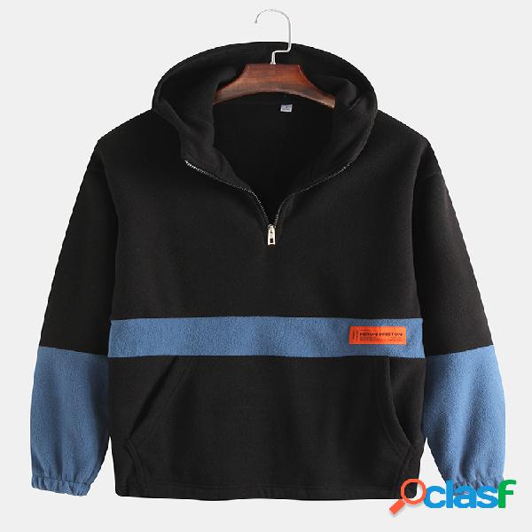 Men Patchwork Half-Zip Collar Fleece Hoodies ocasionais