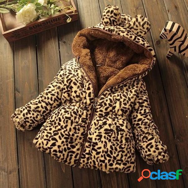 Meninas com estampa de leopardo Inverno com capuz engrossar