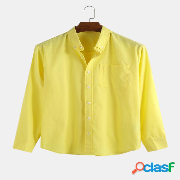 Mens 100% algodão Turn-Down Collar Casual manga comprida