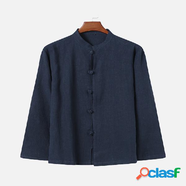 Mens 100% algodão cor sólida vintage estilo chinês gola