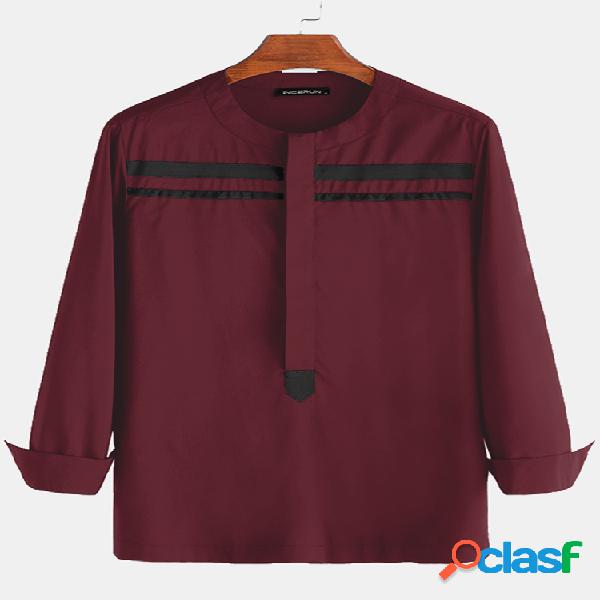 Mens Africano retalhos étnicos manga comprida Henley Camisa