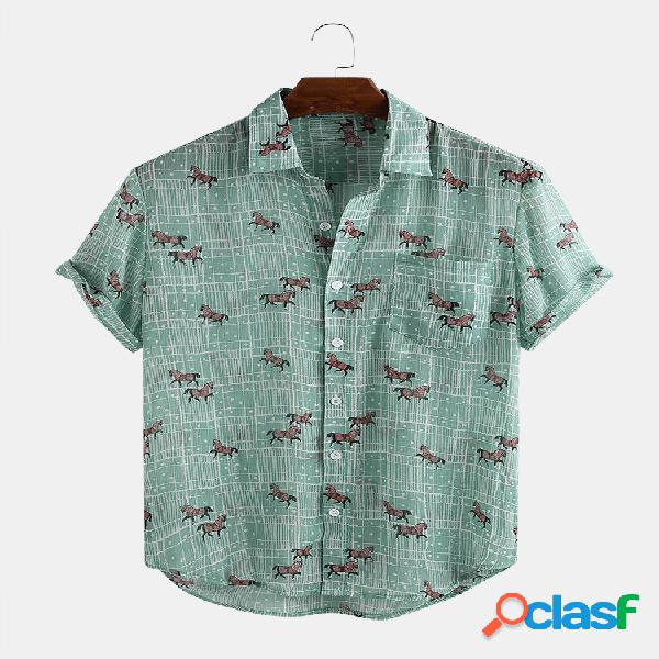 Mens Animal Cartoon Horse Print Camisas de manga curta