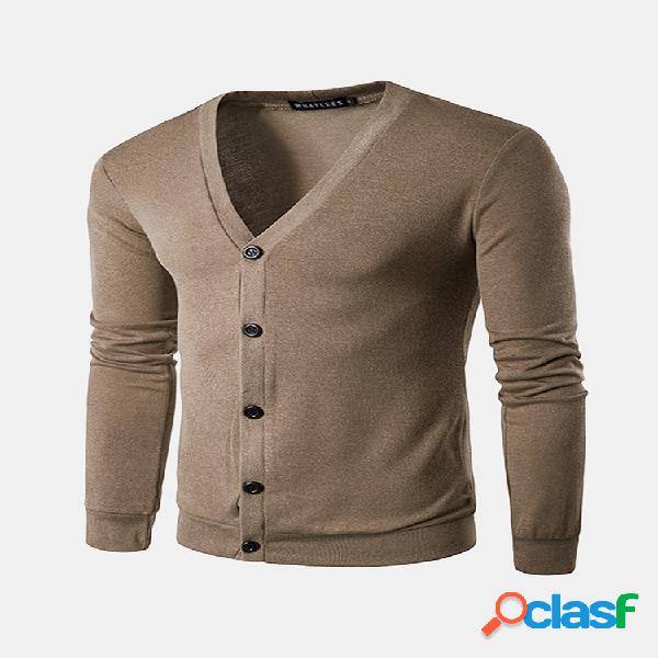 Mens Button Up Knit Slim manga comprida Solid Color Casual