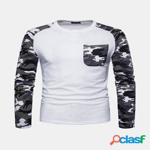 Mens Camo Patchwork Tees O-pescoço manga comprida Regular