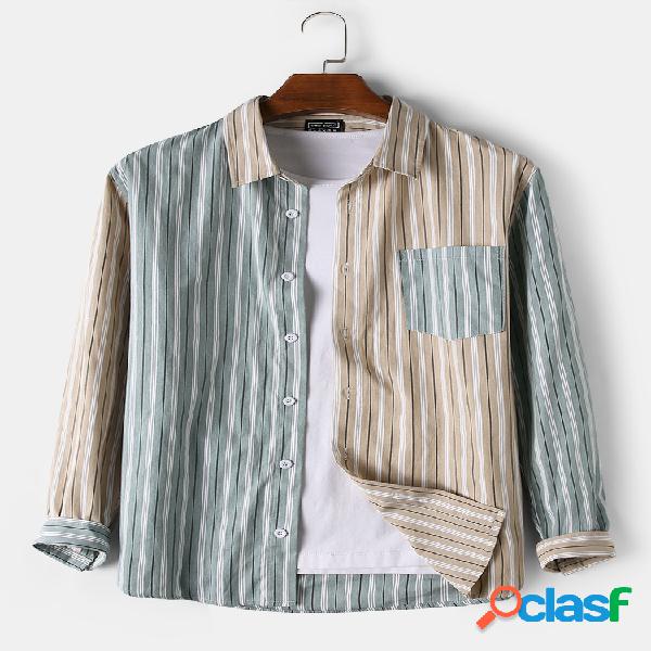 Mens Casaul Two Tone Striped Patch Pocket Camisas de manga