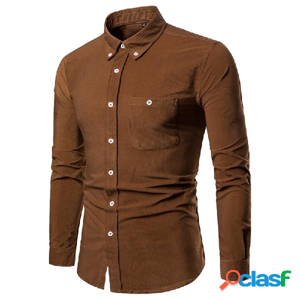 Mens Casual Botões Pocket Solid Color manga comprida Slim