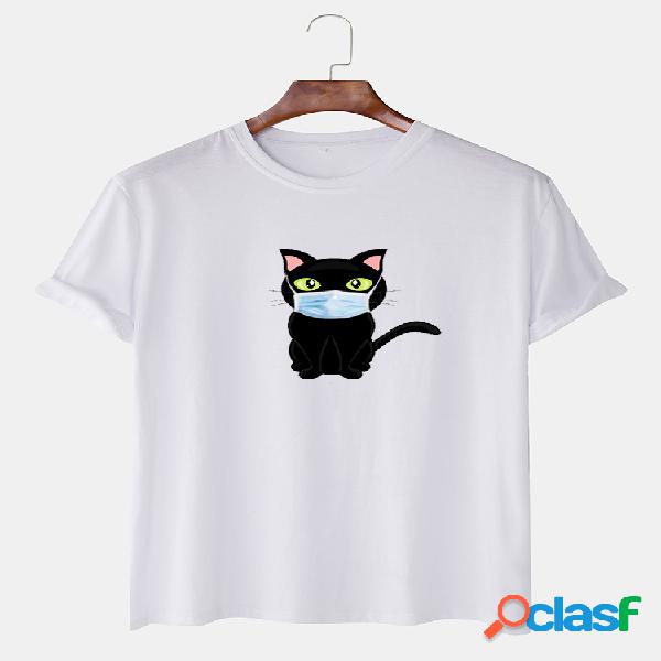 Mens Casual Cartoon Cat Impresso T-shirt de manga curta