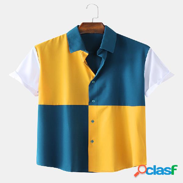 Mens Casual Contraste Cor Patchwork Respirável Camisas de