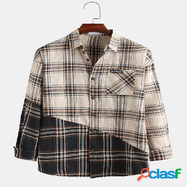 Mens Casual Cotton Patchwork Plaid Spliced Camisas de manga