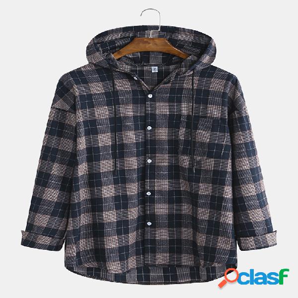 Mens Casual Cotton Plaid Print Single Breasted Casacos com