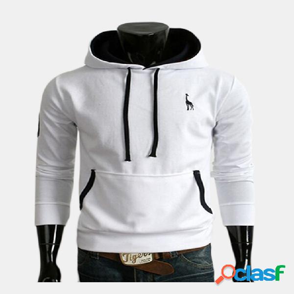 Mens Casual Deer Bordado Hoodies Cor Sólida Frente Grande